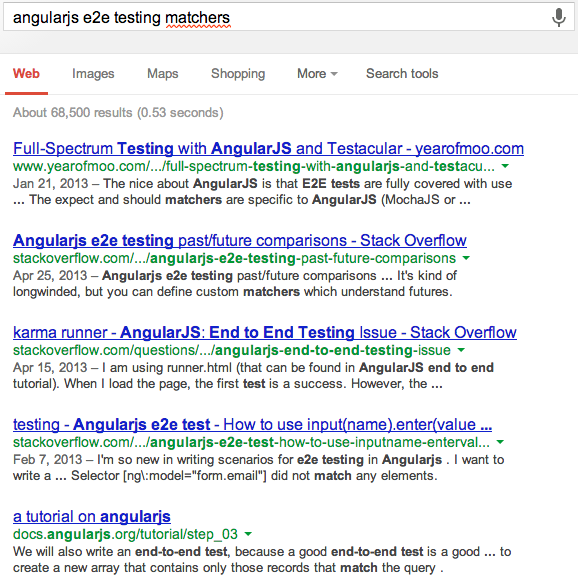 AngularJS e2e testing matchers google search